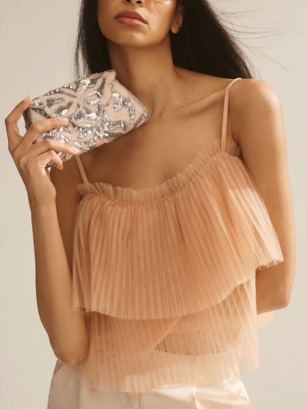 Anthropologie NWT Pleated Tulle Tank Top Blush Peach Tiered Spaghetti Strap XL